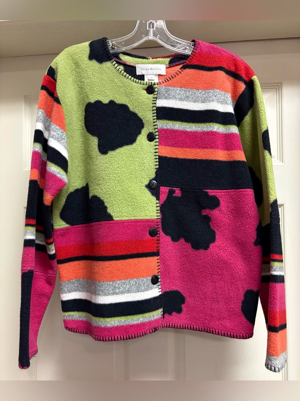 Susan Bristol Striped & Spots Fleece Cardigan Sweater - Pink/Green/Black